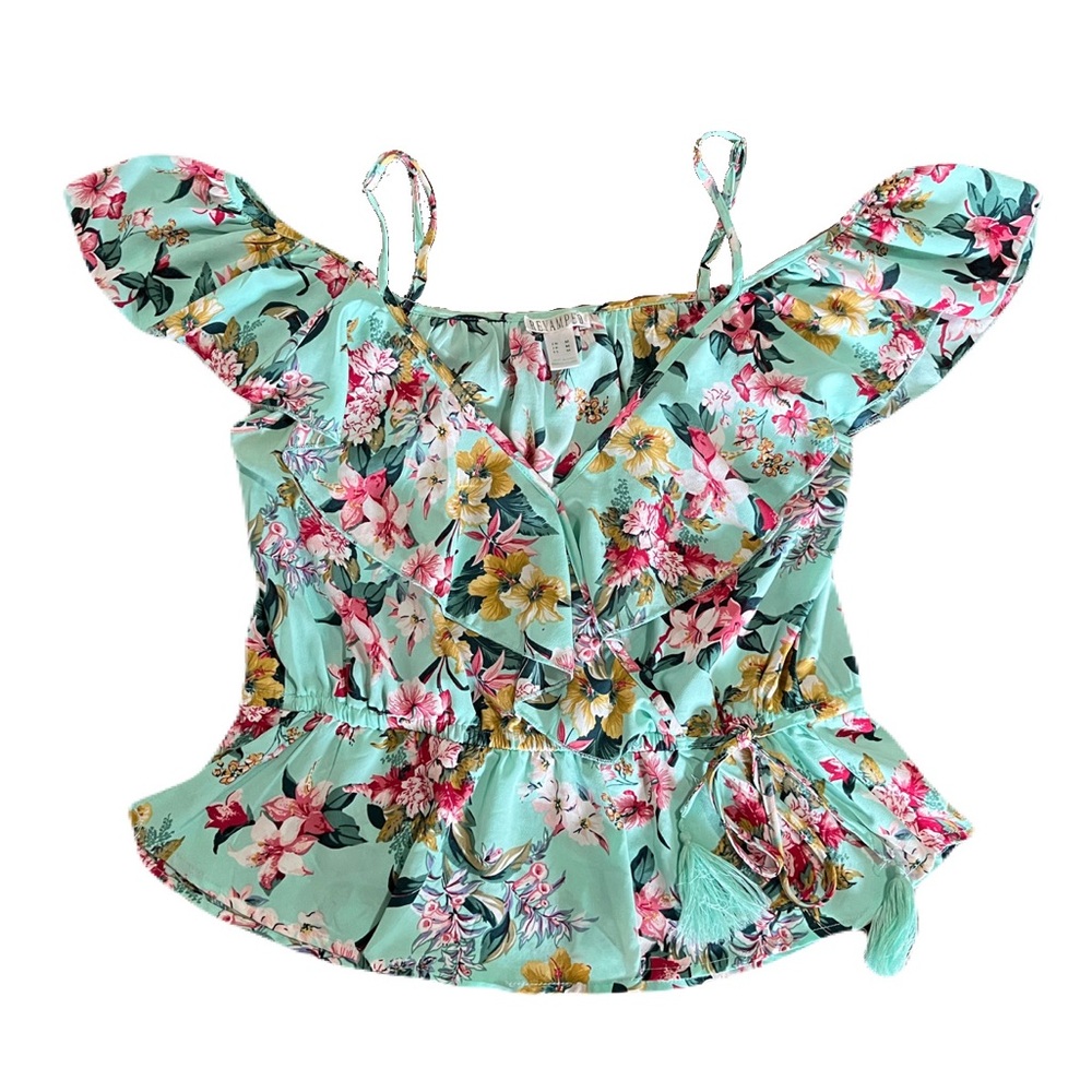 Revamped women’s medium cold shoulder blouse, ruffle trim, teal floral print